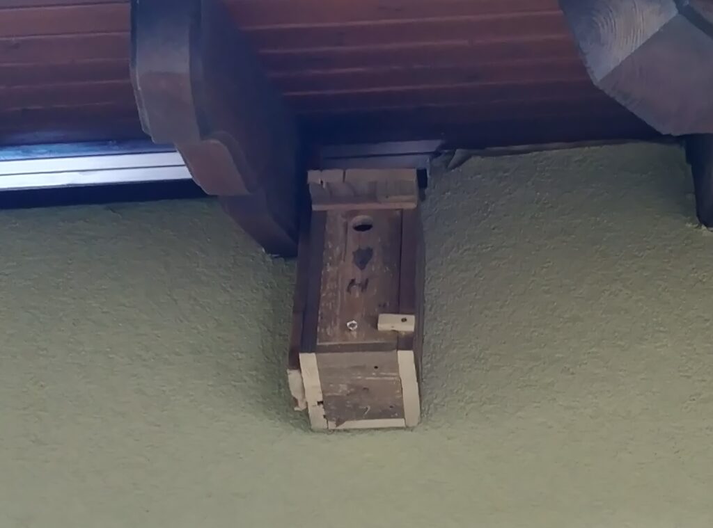 Eoncrafts: A narrow front bird house under roof overhang.